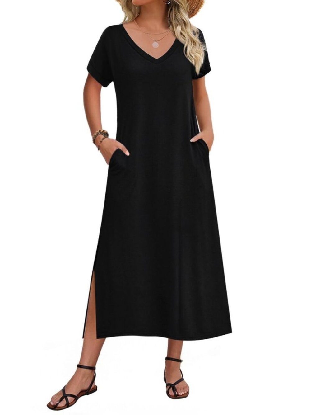 Women Summer Floral Dress Short Sleeve Beach Dress with Pockets Casual V-Neck
